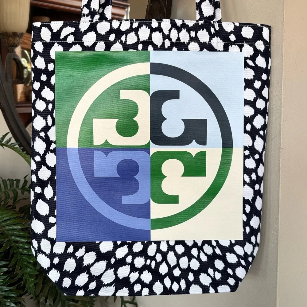Brand New Tory Burch Ella Logo Navy Snow Leopard Canvas Tote Bag Office Laptop